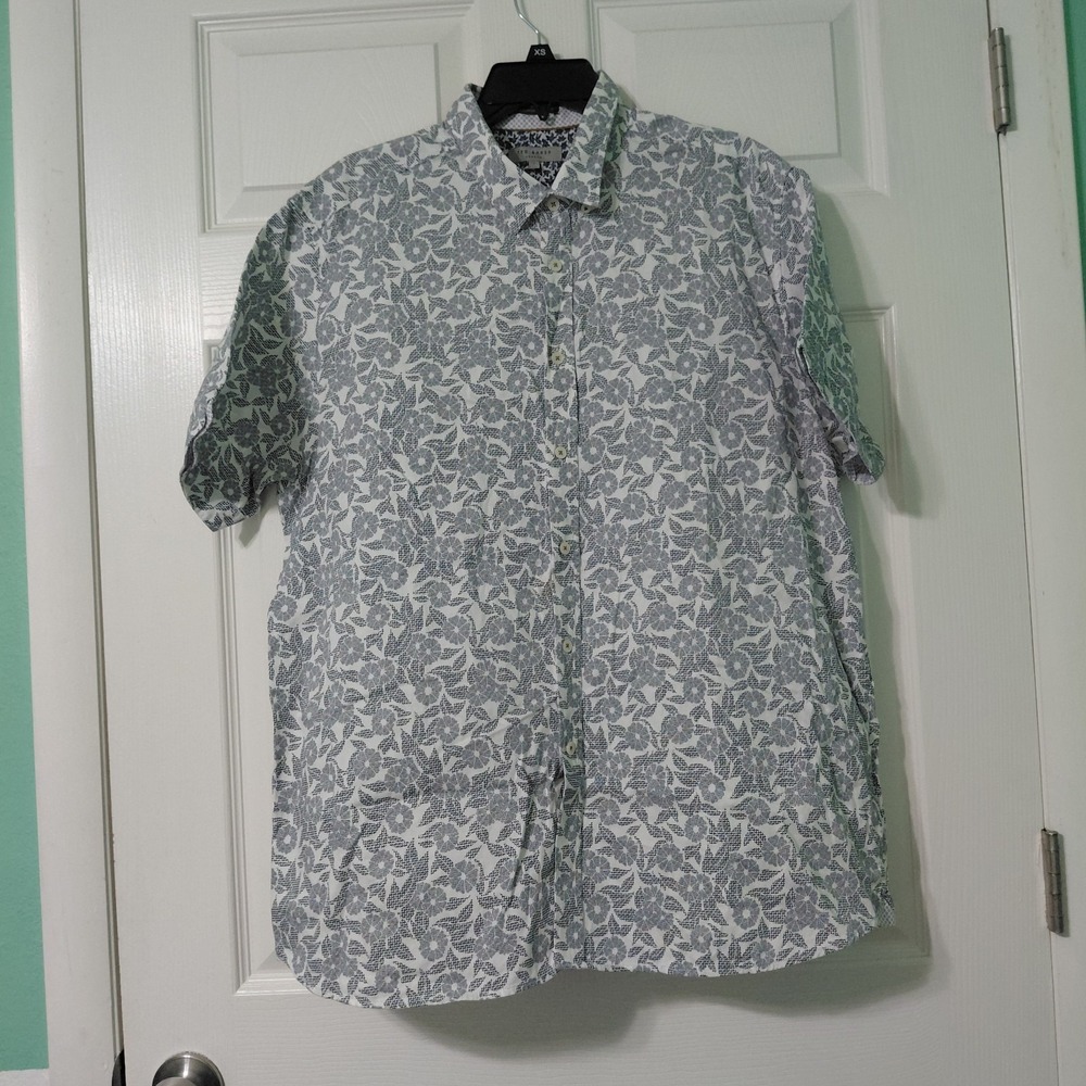 Ted Baker London Shirt Floral Size 7 Mens Short Sleeve Button Up White Gray